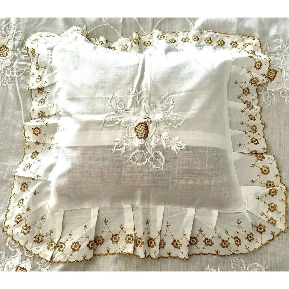 Antique Cotton Bed & Pillow Cover Gold Lace Embroidered 78 X 86 Bed Sheet Duvet